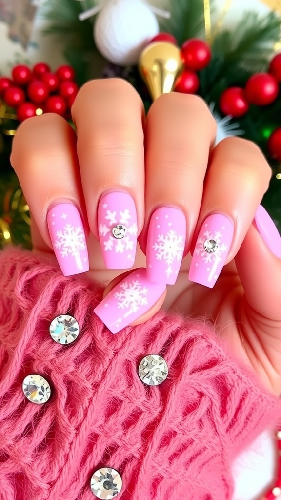 Elegant pink Christmas nails with snowflake designs and rhinestones on a festive background.